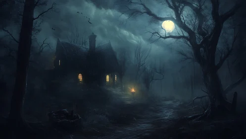 Isolated cabin in dark forest under full moon at night.