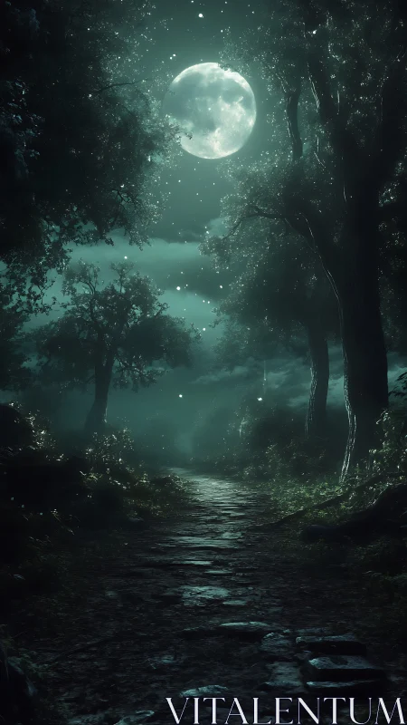 Moonlit forest path glowing with magical forest enchantment