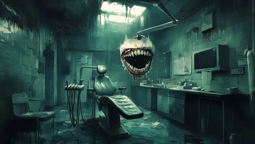 Horror dental clinic with monstrous levitating jaw, teal palette.