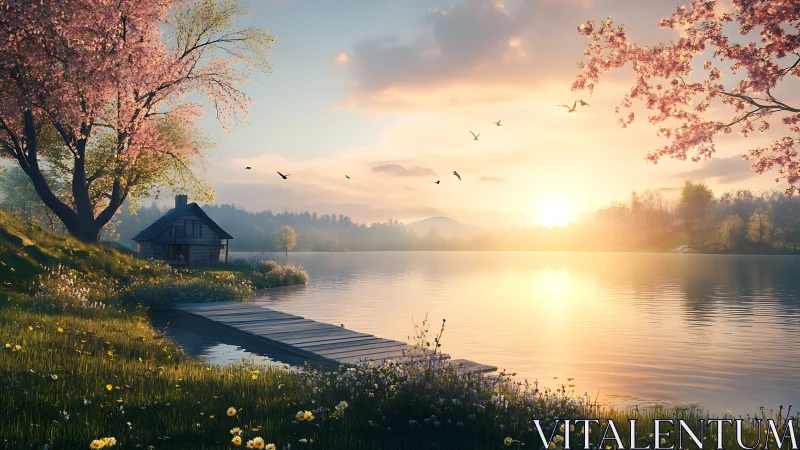 Sunrise cottage dreams by a blossom-kissed lakeshore.