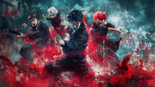 Dynamic anime quartet unleashes crimson energy in urban battle
