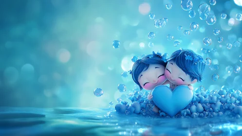 Digital anthropomorphic figures with large blue heart suspended in aquatic environment.