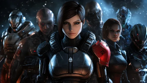 Futuristic armored squad lineup in deep space environment.