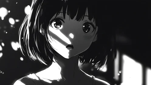 High-contrast monochrome anime portrait isolates shocked gaze