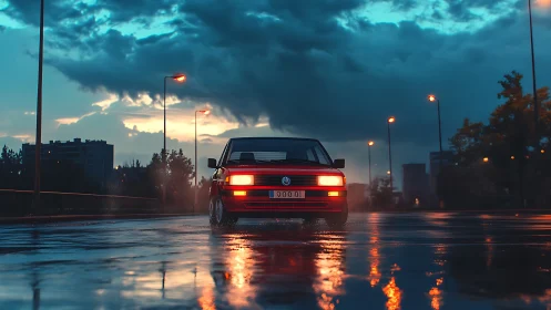 Rain-slicked boulevard crowns a lone red car in neon hush