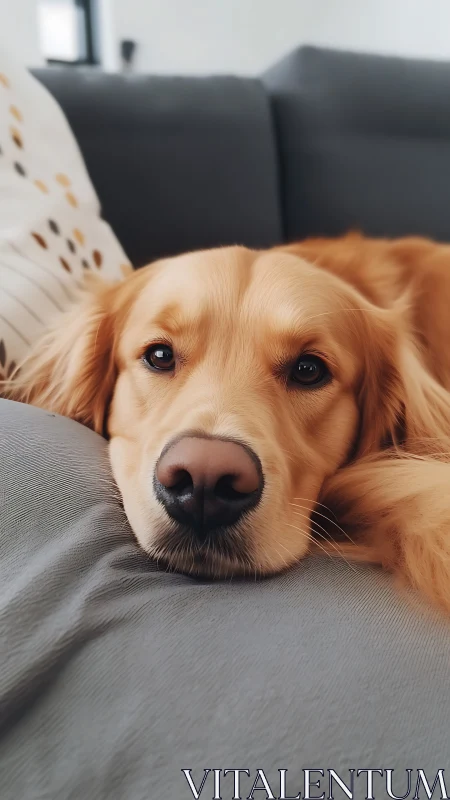 Golden retriever resting on gray sofa cushion at home.