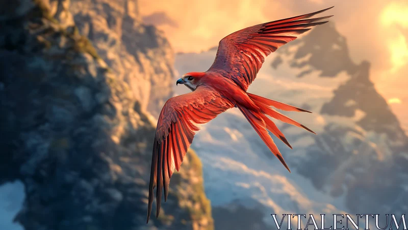 Scarlet macaw soaring over dramatic mountain landscape at sunset.