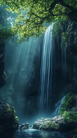 Luminous forest waterfall with cascading light beams.