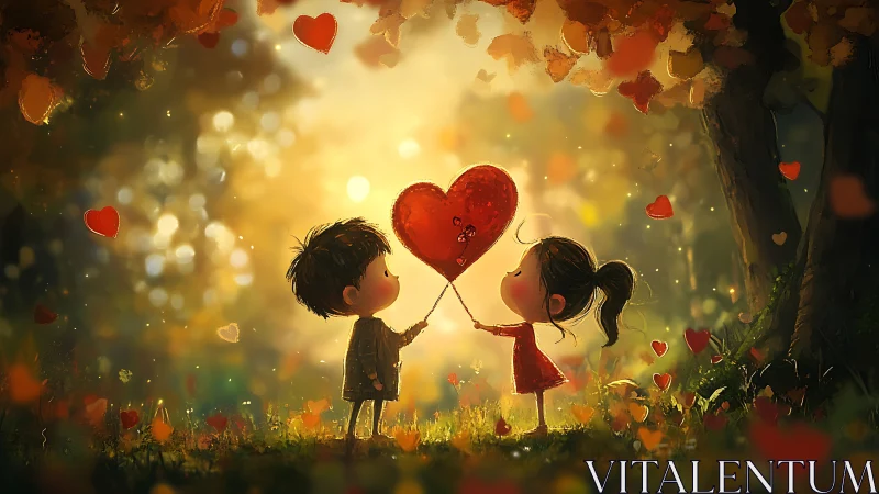 Two Children Share a Giant Heart in Golden Forest Light
