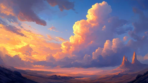 Desert sunset clouds over mesas in vivid digital painting.