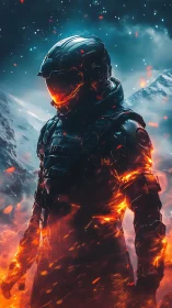 Thermal-armored astronaut amid glacial volcanic stormfield.