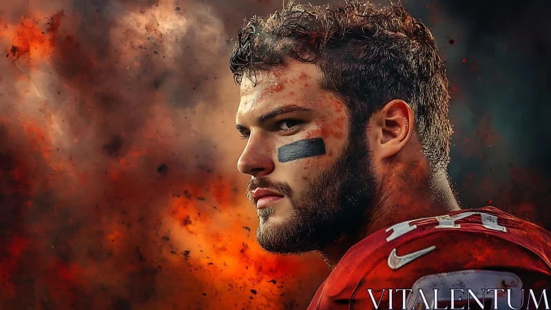Digital gridiron warrior amid explosive abstract backdrop.