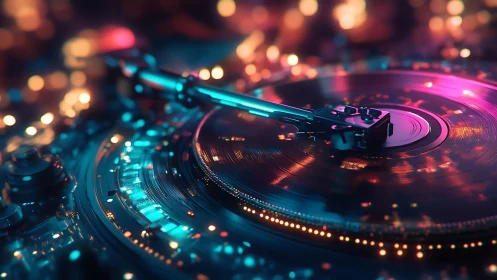 Cyberpunk vinyl turntable with neon bokeh lighting design.