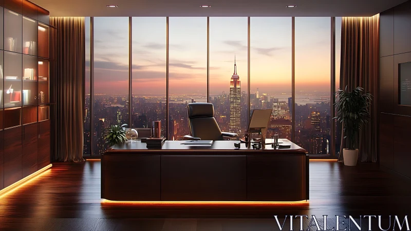 Sunset skyline office throne above the glowing glass city.