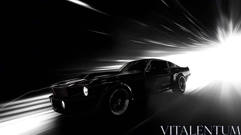 Midnight muscle car outracing a blinding tunnel of light.