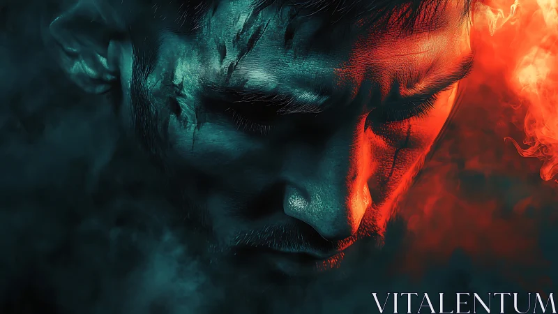 Firelit warrior in teal shadows wrestling inner tempests.