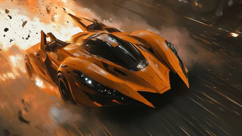 Futuristic orange hypercar blasting through fiery street.