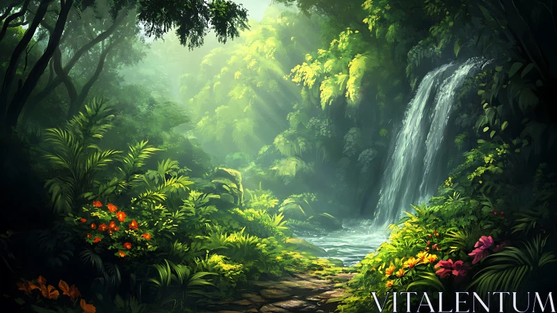 Sunlit jungle waterfall amid lush tropical flora.