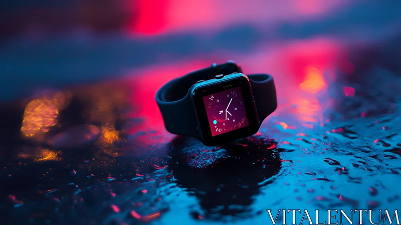 Smartwatch on wet reflective surface with neon lighting.