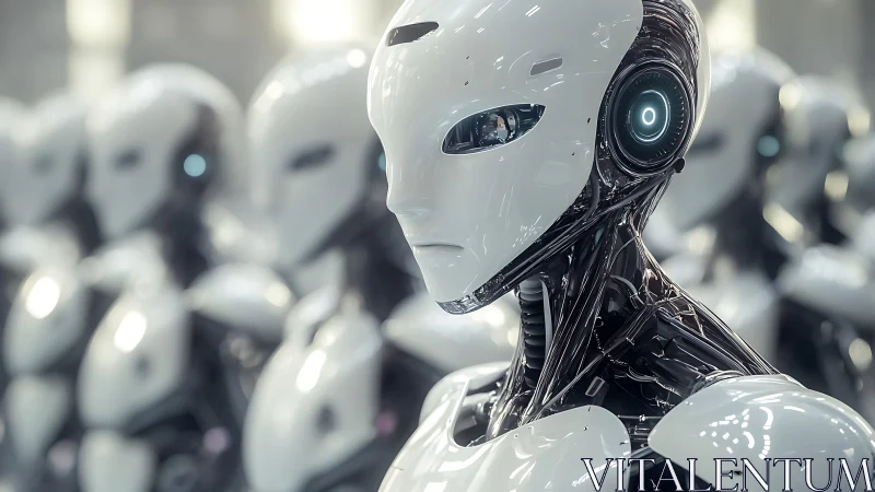 Sleek humanoid robots aligned in a luminous factory hall.