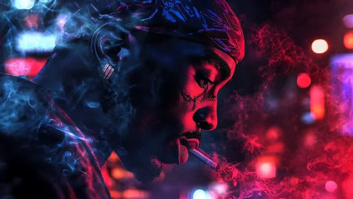 Side profile of smoking man in neon urban night scene.