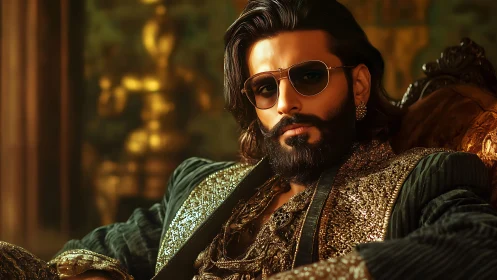Regal bearded man in ornate gold attire reclines confidently.