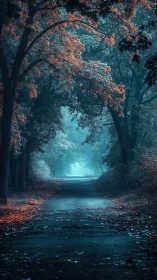 Forest tunnel convergence with warm canopy foliation against cool atmospheric path vanishing point
