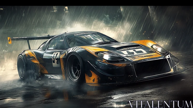 Yellow and black race car drifting fast on wet city track.