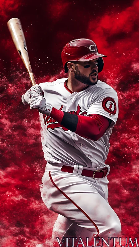 Power hitter in red uniform poised for explosive swing.