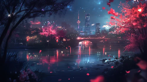 Neon-lit riverside skyline with cherry blossoms at twilight