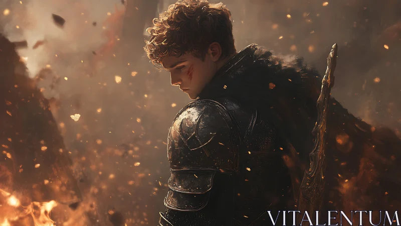 Young knight in glowing embers, pausing between battles.