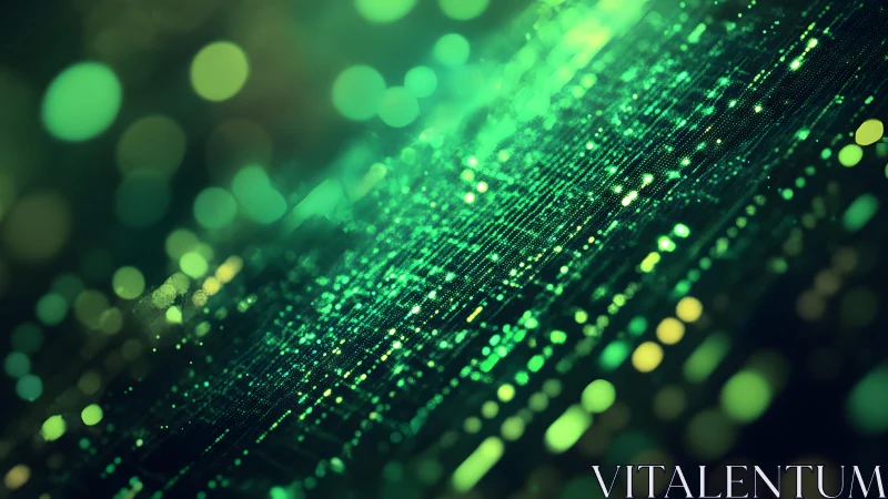 Abstract digital green matrix with glowing particles and bokeh effect.