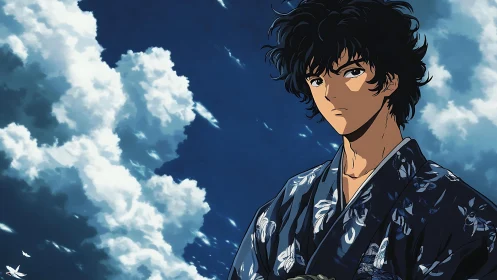 Young man in patterned yukata under cumulonimbus sky, high contrast