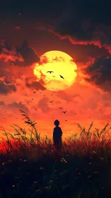 Solitary dreamer beneath a molten sunflower sky at dusk.