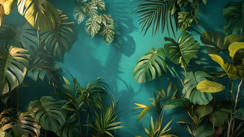 Lush tropical leaves cast soft shadows on a teal wall