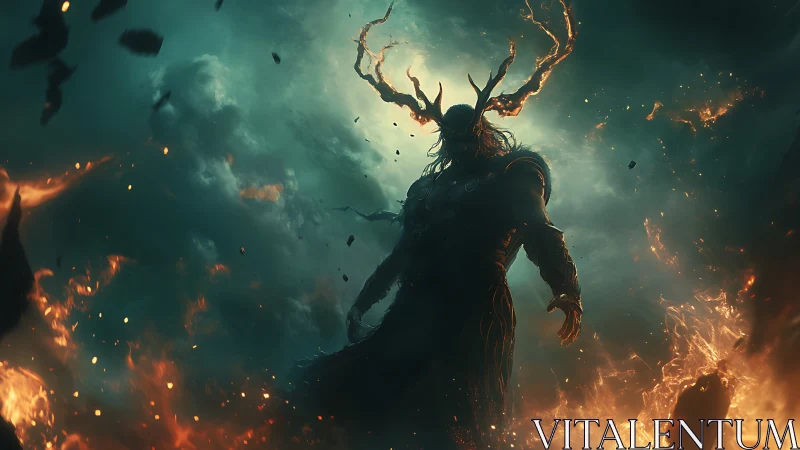 Antlered dark entity dominates fiery atmospheric vortex with backlight