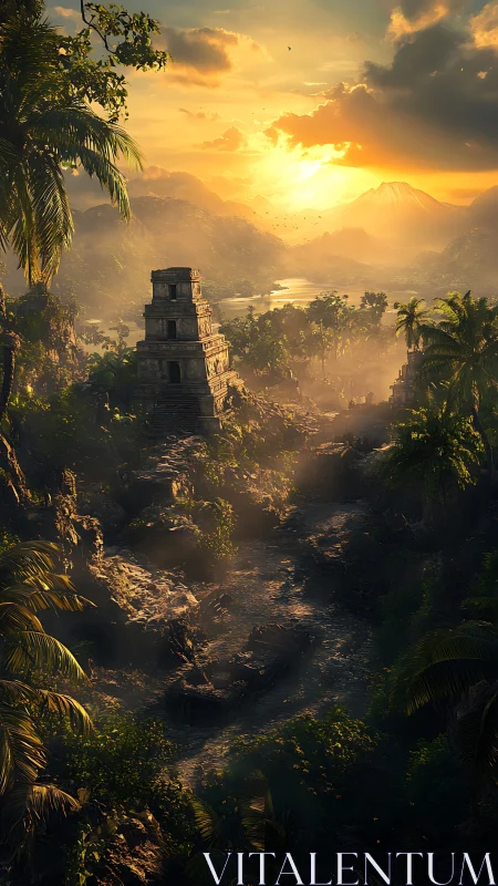 Sunlit jungle temple ruins rendered in cinematic detail