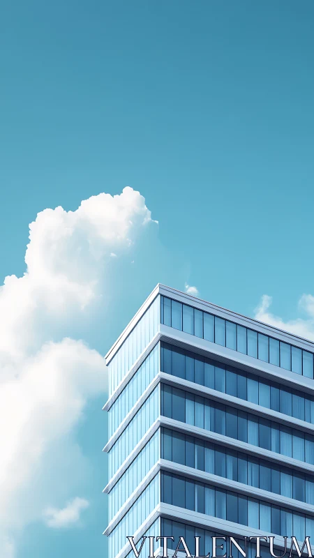 Sunlit glass tower rises calmly into a clear blue sky