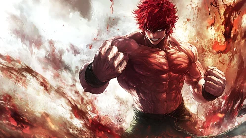 Raging red haired warrior unleashes explosive battle power.