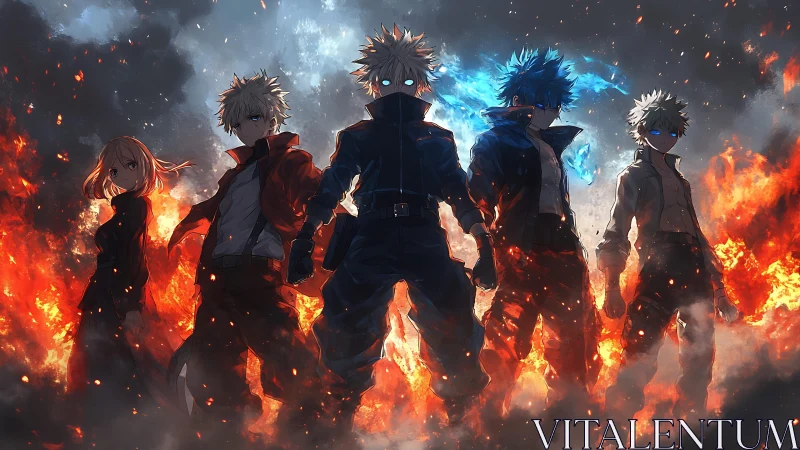 Five anime figures in front of flames with glowing eyes.