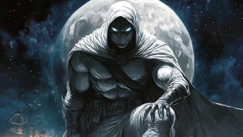 Luminous cloaked vigilante staged against oversized lunar disc.