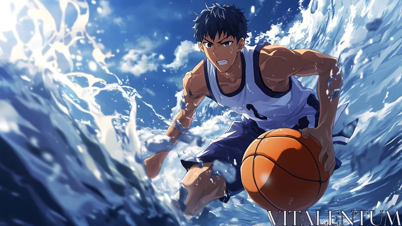 Intense anime baller drives through crashing ocean waves.