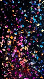 Colored confetti fragments are scattered across a dark field