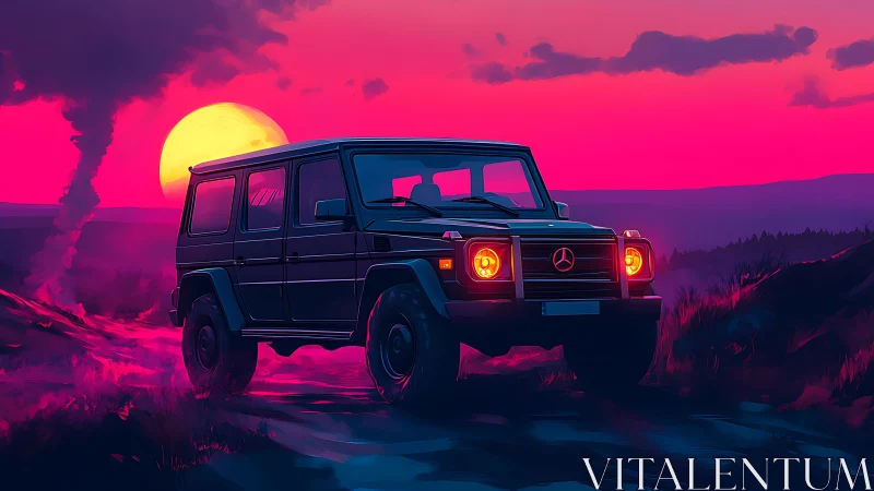 Neon dusk Mercedes G-Class prowls through electric highlands.