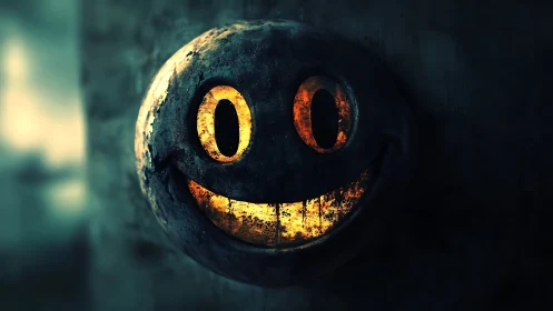 Corroded smiley face sphere glows with internal molten light