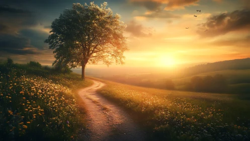 Serene countryside path at sunset with wildflowers, painterly style.