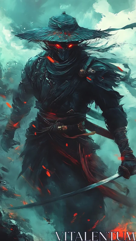 Masked warrior with glowing eyes in smoky teal scene.