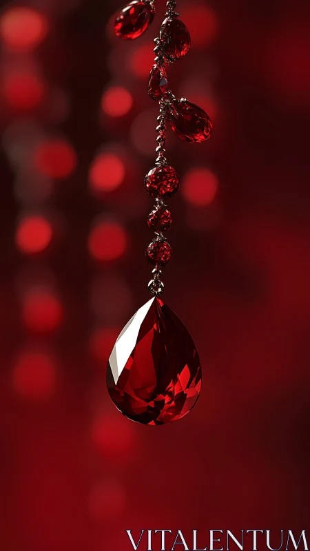Red faceted teardrop gemstone pendant hangs against blurred red