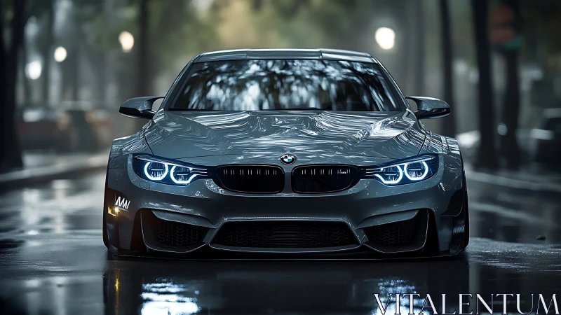 Low-slung BMW coupe on glossy rain-soaked city street at night.