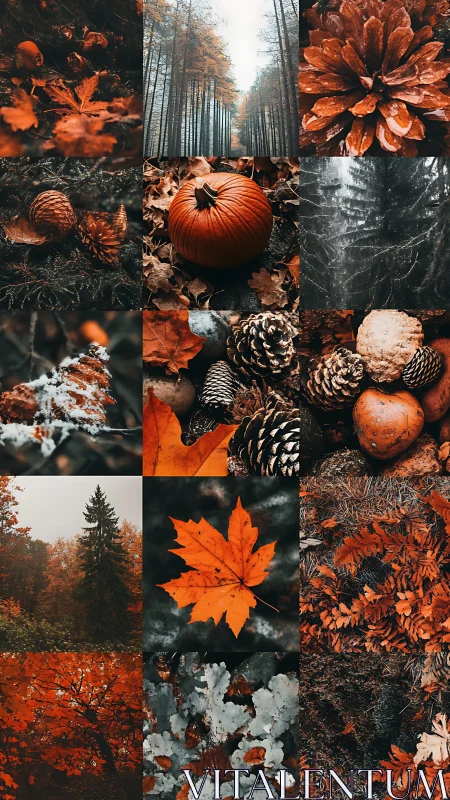 Moody autumn forest collage with leaves, cones, and pumpkin.
